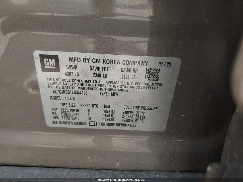 2020 Chevrolet Trax VIN KL7CJNSB1LB344108 IAAI salvage auction — FRONT END, Salvage Title, sold $2,050 on 2026-07-07 (photo 9)