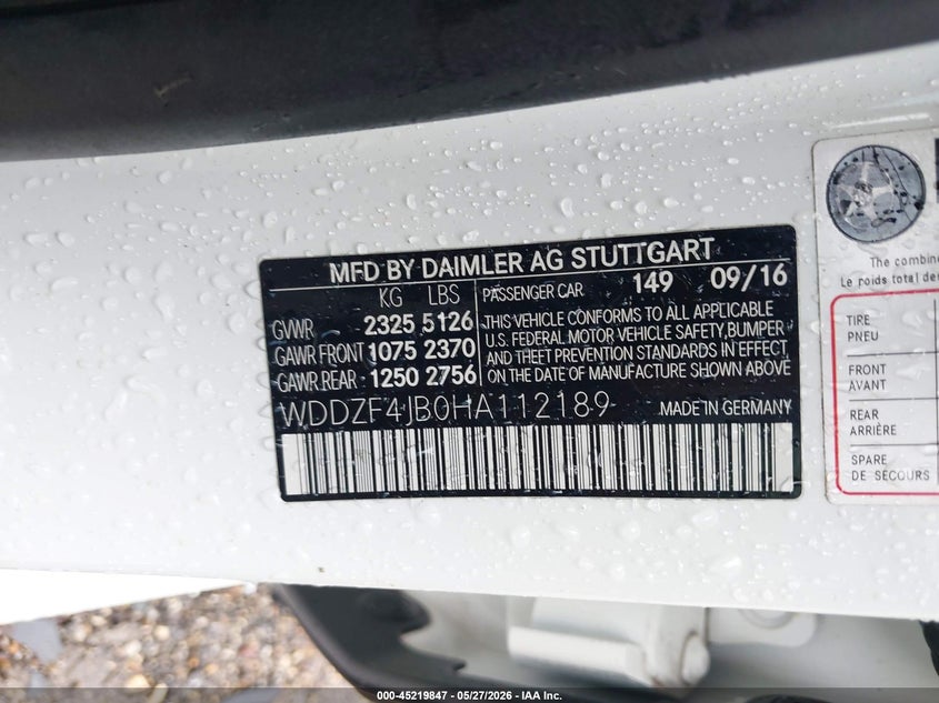 2017 Mercedes-benz E-klasse VIN WDDZF4JB0HA112189 IAAI salvage auction — FRONT END, Salvage Title, sold $4,050 on 2026-08-06 (photo 9)