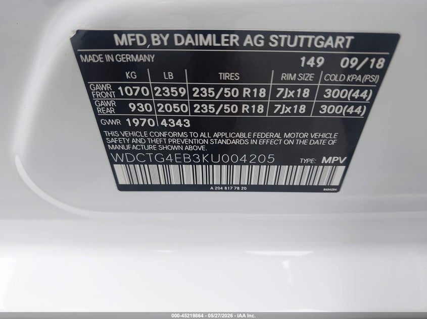 2019 Mercedes-benz Gla-klasse VIN WDCTG4EB3KU004205 IAAI salvage auction — UNKNOWN, Salvage Rebuilt (North Carolina), sold $7,000 on 2026-07-13 (photo 9)