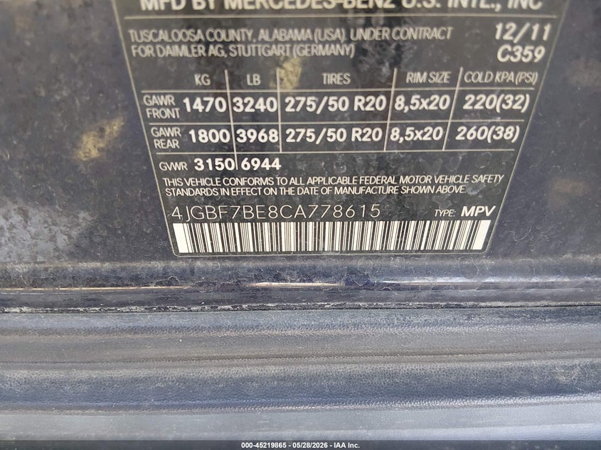 2012 Mercedes-benz Gl-klasse VIN 4JGBF7BE8CA778615 IAAI salvage auction — FRONT END, Salvage Title, sold $350 on 2026-07-13 (photo 9)