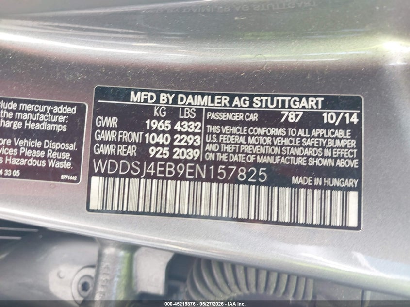 2014 Mercedes-benz Cla-klasse VIN WDDSJ4EB9EN157825 IAAI salvage auction — FRONT END, Rebuildable (Florida), sold $1,450 on 2026-08-15 (photo 9)
