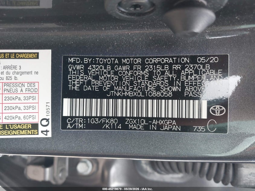 2020 Toyota C-hr VIN JTNKHMBX0L1088058 IAAI salvage auction — FRONT END, Salvage Title, sold $4,100 on 2026-07-22 (photo 9)