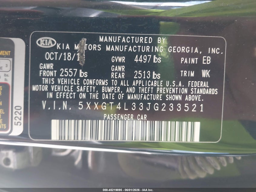 2018 Kia Optima VIN 5XXGT4L33JG233521 IAAI salvage auction — RIGHT FRONT, Salvage Title, sold $1,400 on 2026-07-14 (photo 9)