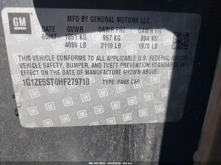 2017 Chevrolet Malibu VIN 1G1ZE5ST0HF279710 IAAI salvage auction — FRONT END, Salvage Title, sold $1,250 on 2026-07-10 (photo 9)
