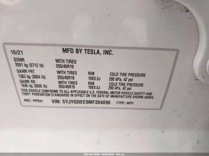 2021 Tesla Model y VIN 5YJYGDEE9MF304896 IAAI salvage auction — REAR END, Salvage Title, sold $10,450 on 2026-07-30 (photo 9)