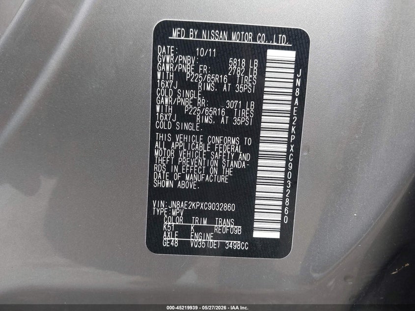 2012 Nissan Quest VIN JN8AE2KPXC9032860 IAAI salvage auction — LEFT SIDE, Salvage Title, sold $950 on 2026-07-22 (photo 9)