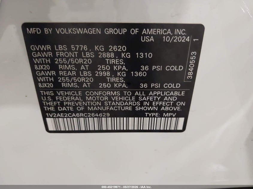 2024 Volkswagen Atlas cross sport VIN 1V2AE2CA6RC264629 IAAI salvage auction — FRONT END, Salvage Title, sold $4,250 on 2026-07-28 (photo 9)