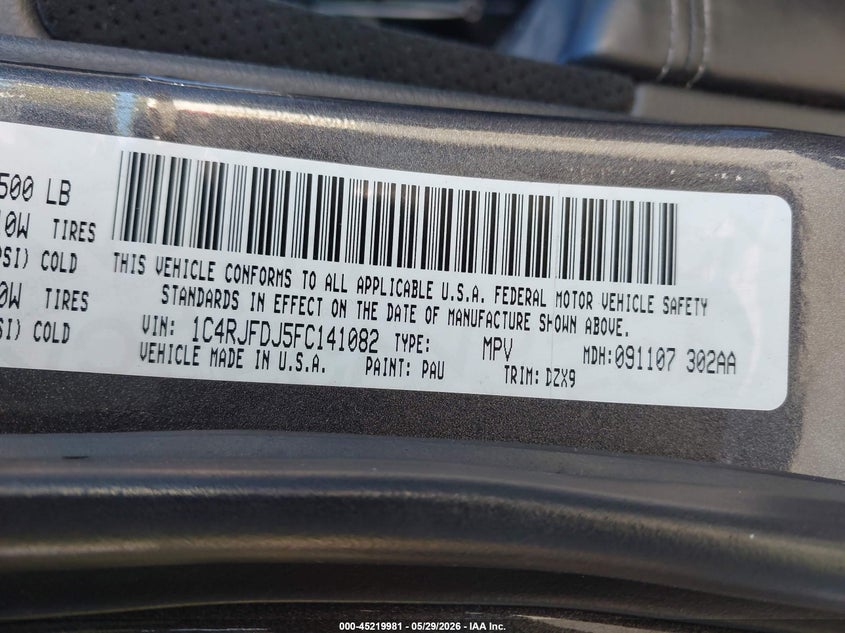 2015 Jeep Grand cherokee VIN 1C4RJFDJ5FC141082 IAAI salvage auction — FRONT END, Salvage Title, sold $10,000 on 2026-07-30 (photo 9)