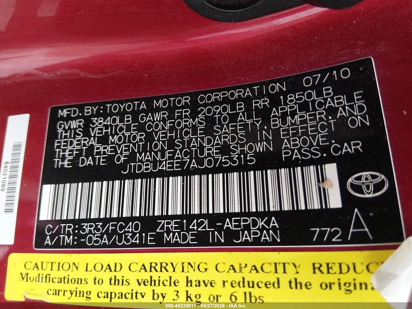 2010 Toyota Corolla VIN JTDBU4EE7AJ075315 IAAI salvage auction — NORMAL WEAR, Salvage (Texas), sold $900 on 2026-07-29 (photo 9)