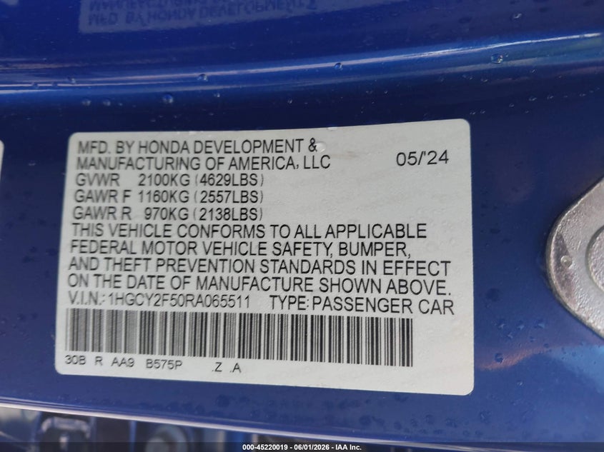2024 Honda Accord VIN 1HGCY2F50RA065511 IAAI salvage auction — LEFT REAR, Salvage Title, sold $9,950 on 2026-07-23 (photo 9)