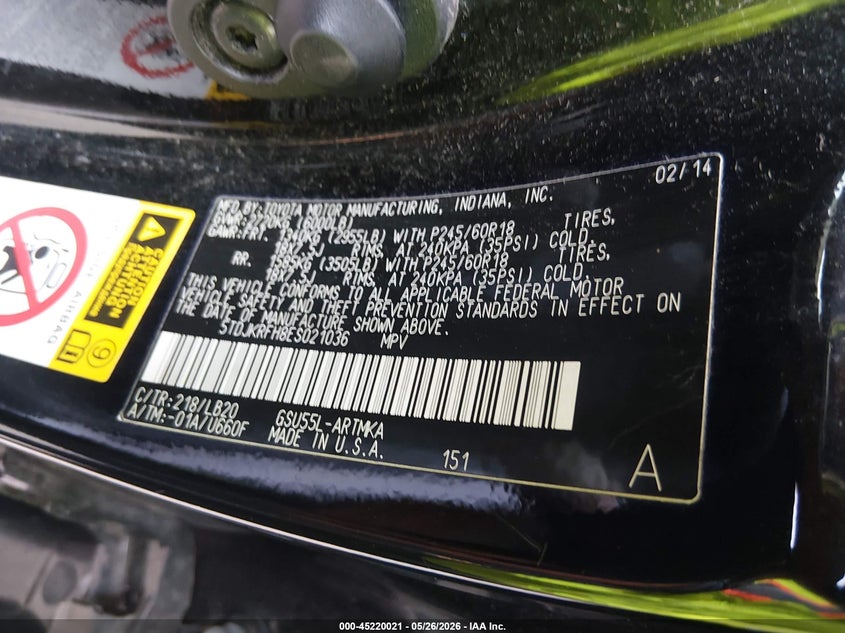 2014 Toyota Highlander VIN 5TDJKRFH8ES021036 IAAI salvage auction — FRONT END, Salvage Title, sold $7,400 on 2026-07-08 (photo 9)