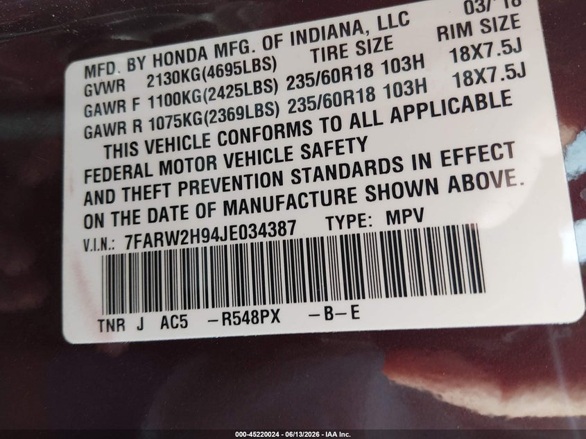 2018 Honda Cr-v VIN 7FARW2H94JE034387 IAAI salvage auction — HAIL, Salvage (Kansas), sold $13,325 on 2026-07-17 (photo 9)