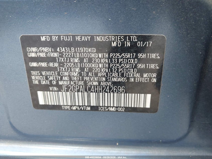 2017 Subaru Xv VIN JF2GPALC4HH242696 IAAI salvage auction — REAR END, Salvage (Georgia), sold $4,000 on 2026-07-31 (photo 9)