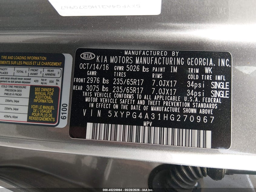 2017 Kia Sorento VIN 5XYPG4A31HG270967 IAAI salvage auction — ROLLOVER, Salvage Title, sold $650 on 2026-07-14 (photo 9)
