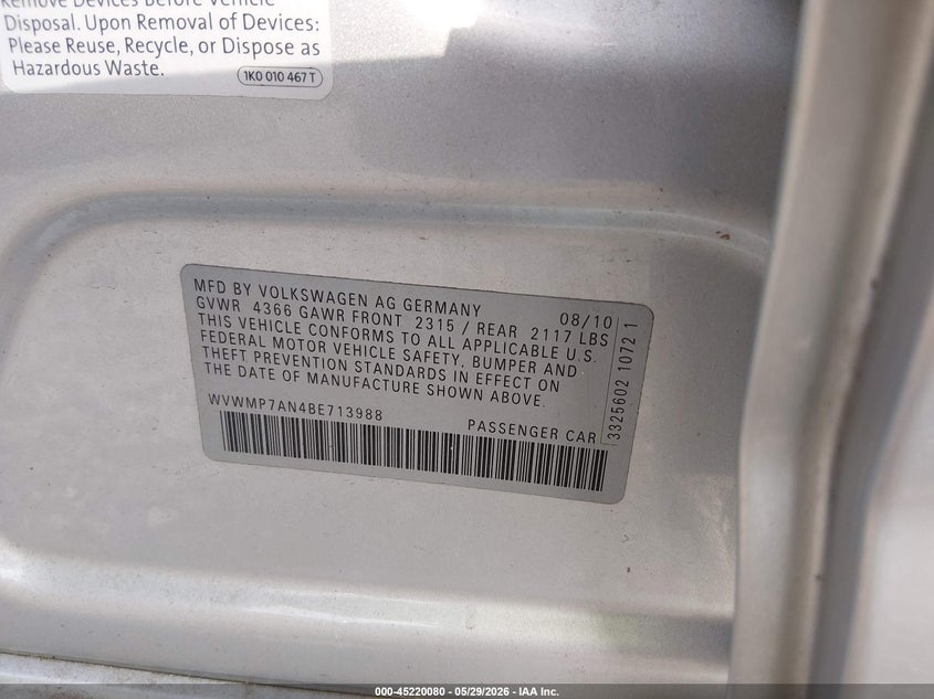 2011 Volkswagen Passat cc VIN WVWMP7AN4BE713988 IAAI salvage auction — NORMAL WEAR, Salvage (Texas), sold $250 on 2026-08-10 (photo 9)