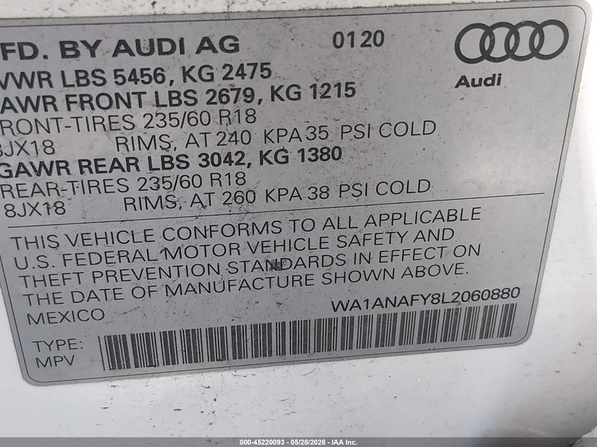 2020 Audi Q5 VIN WA1ANAFY8L2060880 IAAI salvage auction — RIGHT REAR, Salvage Title, sold $9,000 on 2026-07-23 (photo 9)