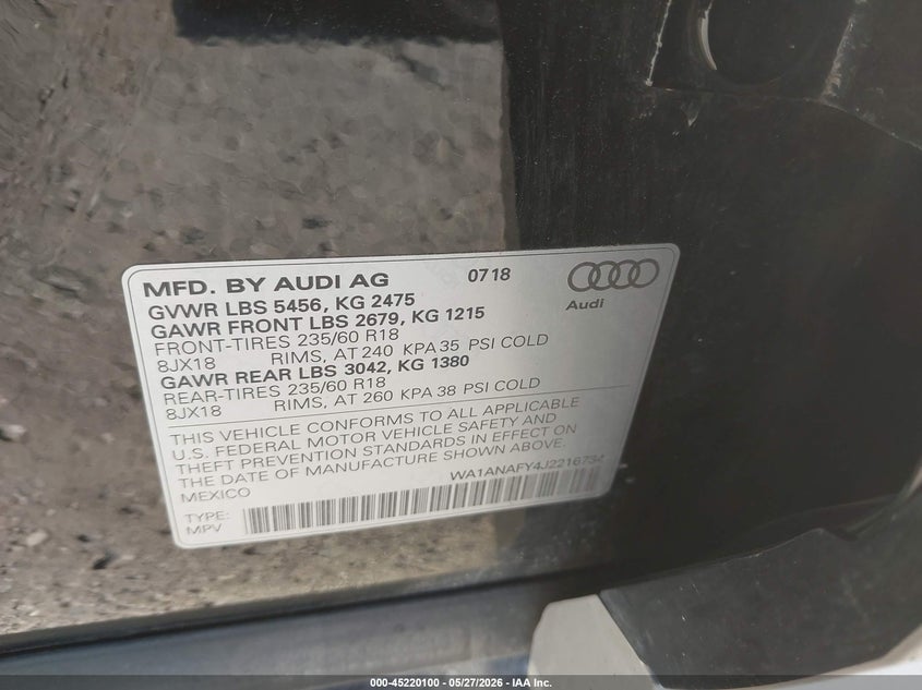 2018 Audi Q5 VIN WA1ANAFY4J2216734 IAAI salvage auction — RIGHT FRONT, Salvage Title, sold $6,400 on 2026-08-24 (photo 9)