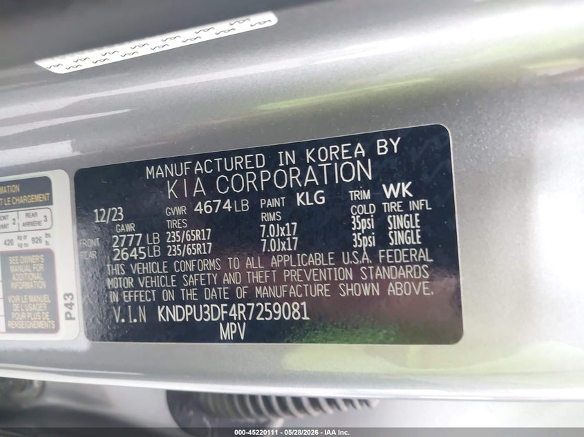 2024 Kia Sportage VIN KNDPU3DF4R7259081 IAAI salvage auction — REAR END, Salvage Title, sold $6,100 on 2026-08-02 (photo 9)