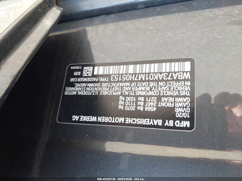 2021 BMW 2er VIN WBA73AK01M7H05153 IAAI salvage auction — FRONT END, Salvage Title, sold $4,950 on 2026-07-09 (photo 9)