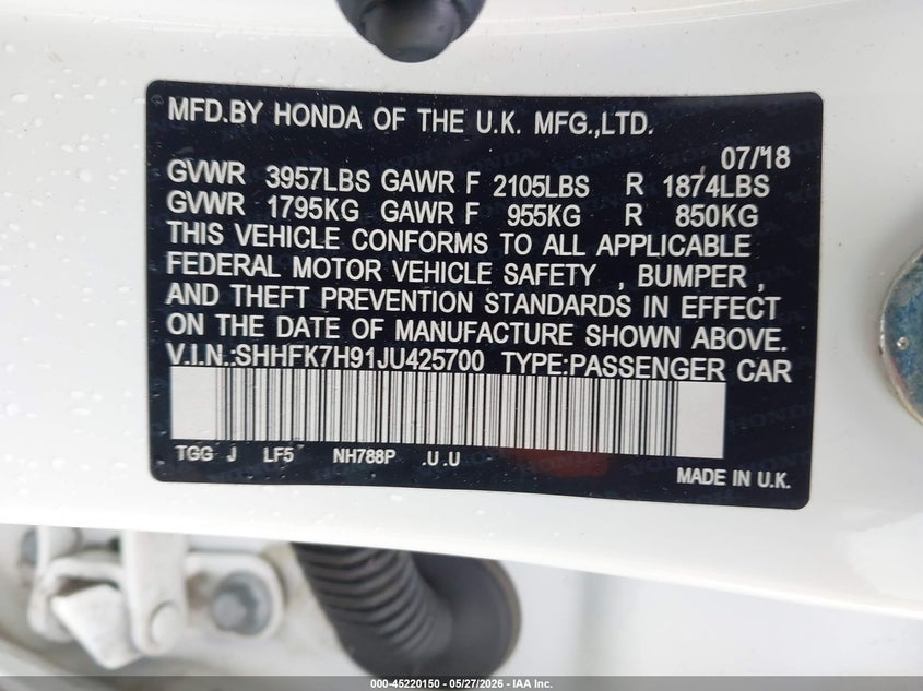 2018 Honda Civic VIN SHHFK7H91JU425700 IAAI salvage auction — FRONT END, Salvage Title, sold $4,050 on 2026-07-10 (photo 9)