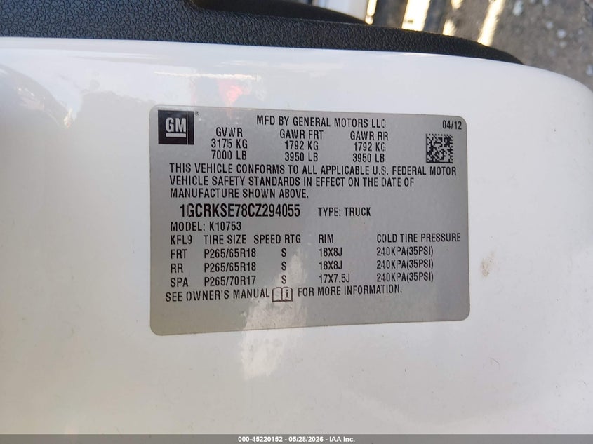 2012 Chevrolet Silverado VIN 1GCRKSE78CZ294055 IAAI salvage auction — REAR END, Salvage Title, sold $1,425 on 2026-07-27 (photo 9)