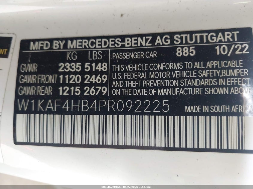 2023 Mercedes-benz C-klasse VIN W1KAF4HB4PR092225 IAAI salvage auction — RIGHT FRONT, Salvage Title, sold $16,700 on 2026-07-11 (photo 9)