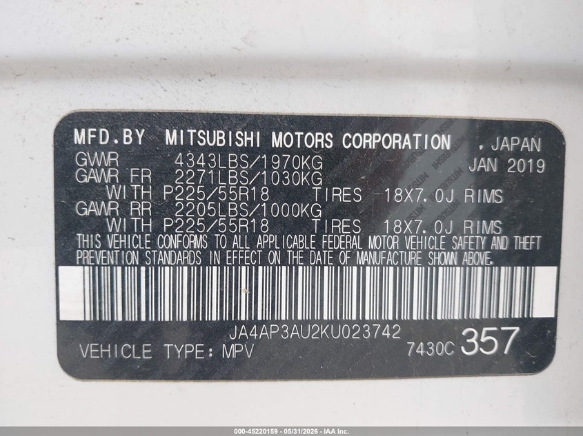 2019 Mitsubishi Outlander VIN JA4AP3AU2KU023742 IAAI salvage auction — HAIL, Salvage Title, sold $3,050 on 2026-07-20 (photo 9)