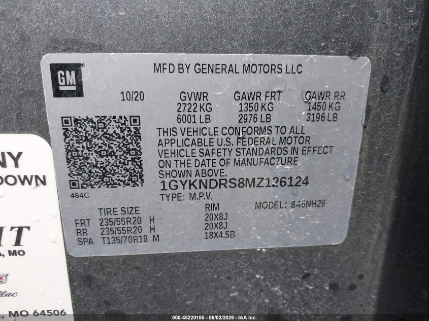 2021 Cadillac Xt5 VIN 1GYKNDRS8MZ126124 IAAI salvage auction — HAIL, Salvage Title, sold $8,300 on 2026-07-29 (photo 9)