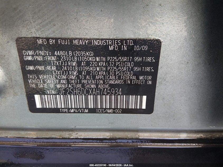 2010 Subaru Forester VIN JF2SH6DCXAH745934 IAAI salvage auction — FRONT END, Salvage (South Carolina), sold $350 on 2026-07-15 (photo 9)