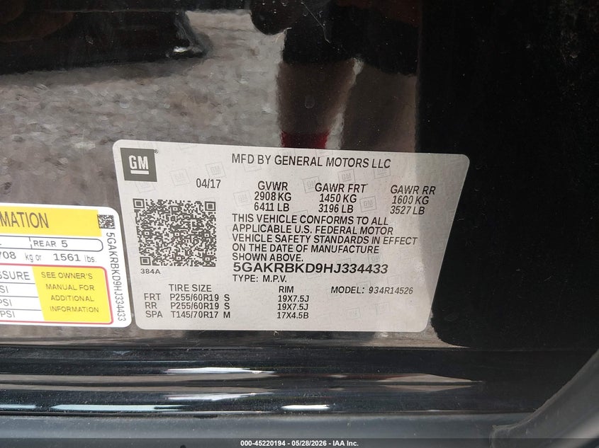 2017 Buick Enclave VIN 5GAKRBKD9HJ334433 IAAI salvage auction — SIDE, Salvage Title, sold $4,800 on 2026-07-11 (photo 9)