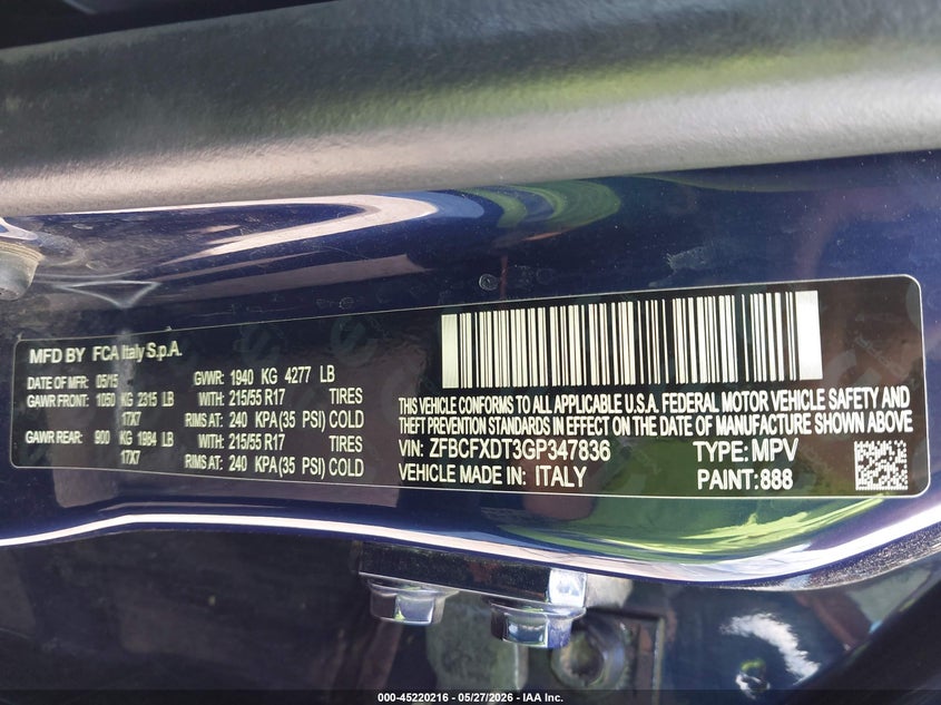 2016 Fiat 500x VIN ZFBCFXDT3GP347836 IAAI salvage auction — SIDE, Salvage Title, sold $900 on 2026-07-26 (photo 9)