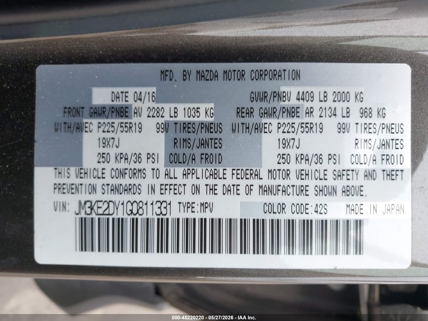 2016 Mazda Cx-5 VIN JM3KE2DY1G0811331 IAAI salvage auction — HAIL, Original (Texas), sold $3,750 on 2026-07-07 (photo 9)