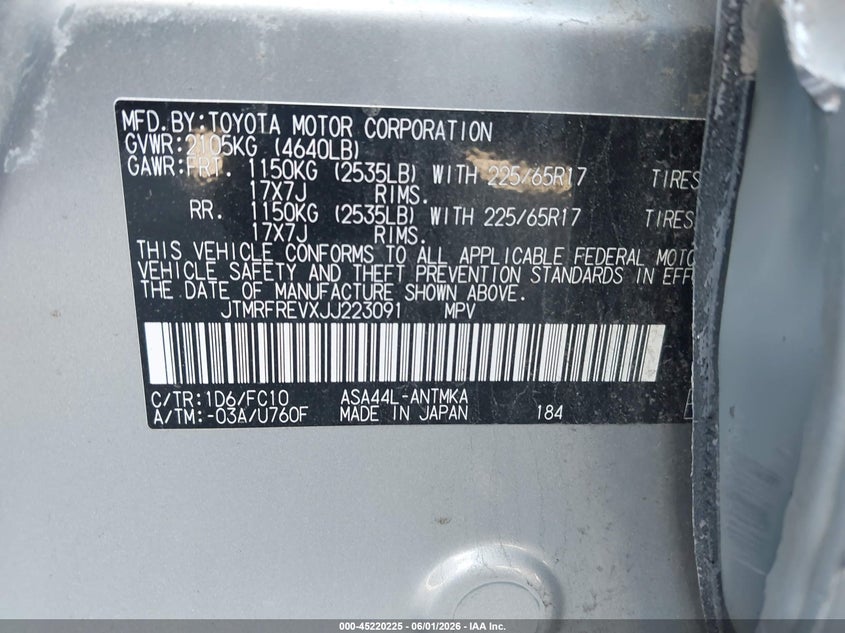 2018 Toyota Rav 4 VIN JTMRFREVXJJ223091 IAAI salvage auction — REAR END, Salvage Title, sold $5,600 on 2026-07-09 (photo 9)