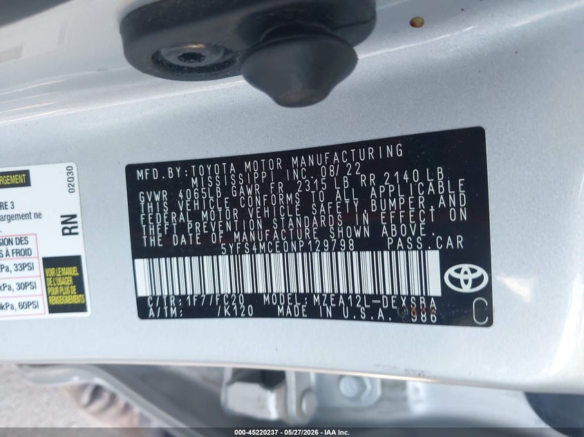 2022 Toyota Corolla VIN 5YFS4MCE0NP129798 IAAI salvage auction — FRONT END, Salvage Title, sold $4,950 on 2026-07-14 (photo 9)