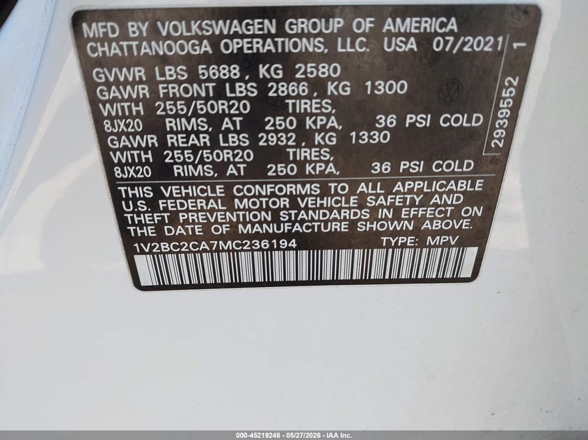 2021 Volkswagen Atlas cross sport VIN 1V2BC2CA7MC236194 IAAI salvage auction — LEFT SIDE, Salvage (Minnesota), sold $8,200 on 2026-08-19 (photo 9)