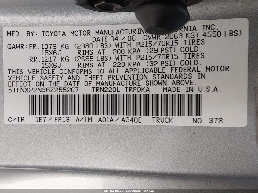 2006 Toyota Tacoma VIN 5TENX22N36Z255207 IAAI salvage auction — REAR END, Salvage (California), sold $3,050 on 2026-07-12 (photo 9)