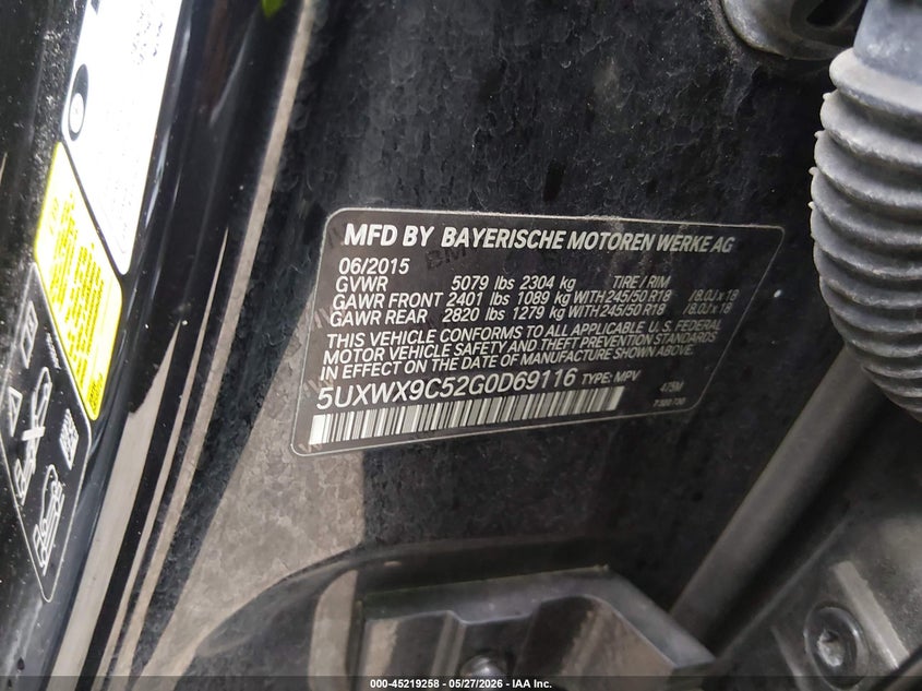 2016 BMW X3 VIN 5UXWX9C52G0D69116 IAAI salvage auction — RIGHT SIDE, Salvage Title, sold $2,000 on 2026-07-15 (photo 9)