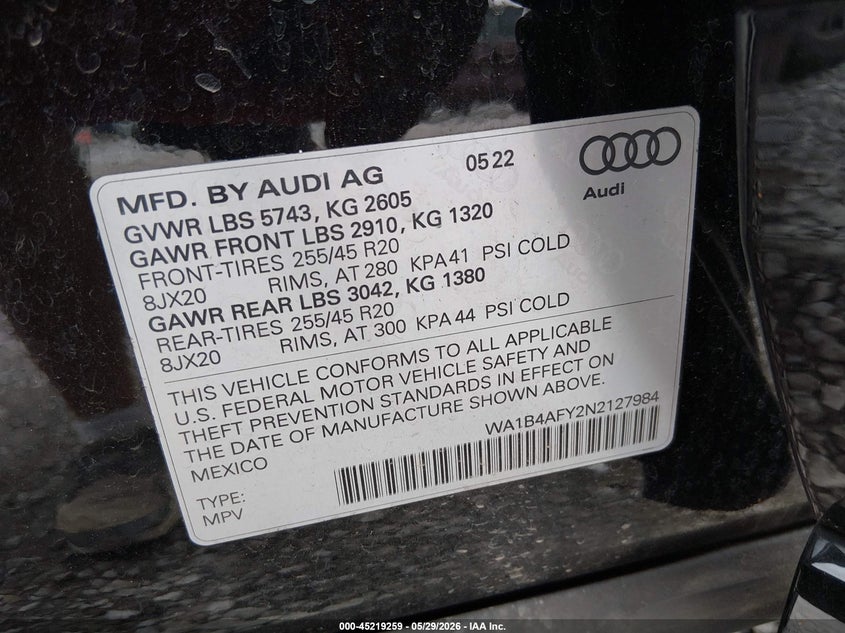 2022 Audi Sq5 VIN WA1B4AFY2N2127984 IAAI salvage auction — RIGHT FRONT, Wait Title, sold $11,800 on 2026-09-26 (photo 9)