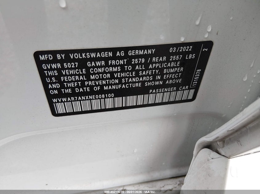 2022 Volkswagen Arteon VIN WVWAR7ANXNE008100 IAAI salvage auction — FRONT END, Salvage Title, sold $5,650 on 2026-07-07 (photo 9)
