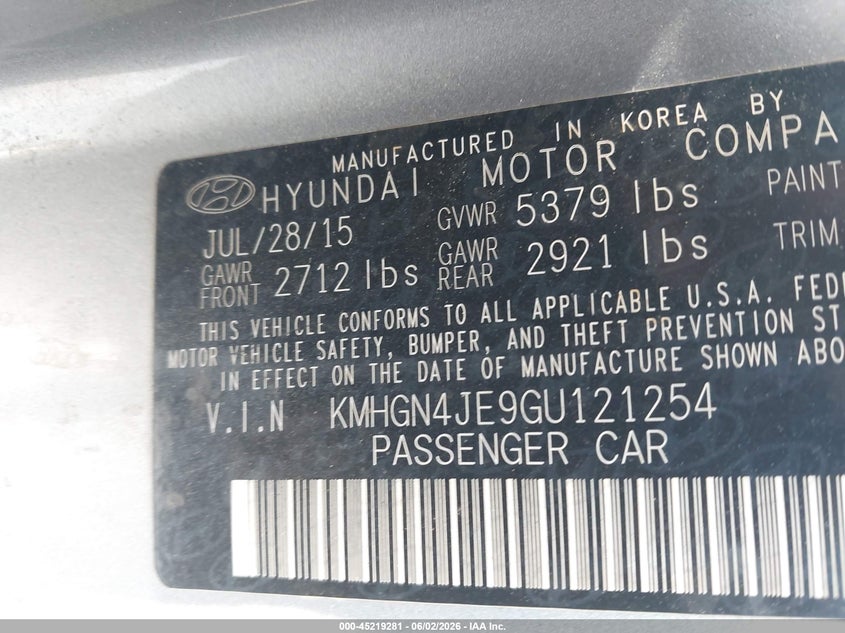 2016 Hyundai Genesis VIN KMHGN4JE9GU121254 IAAI salvage auction — LEFT FRONT, Salvage Title, sold $1,950 on 2026-07-22 (photo 9)