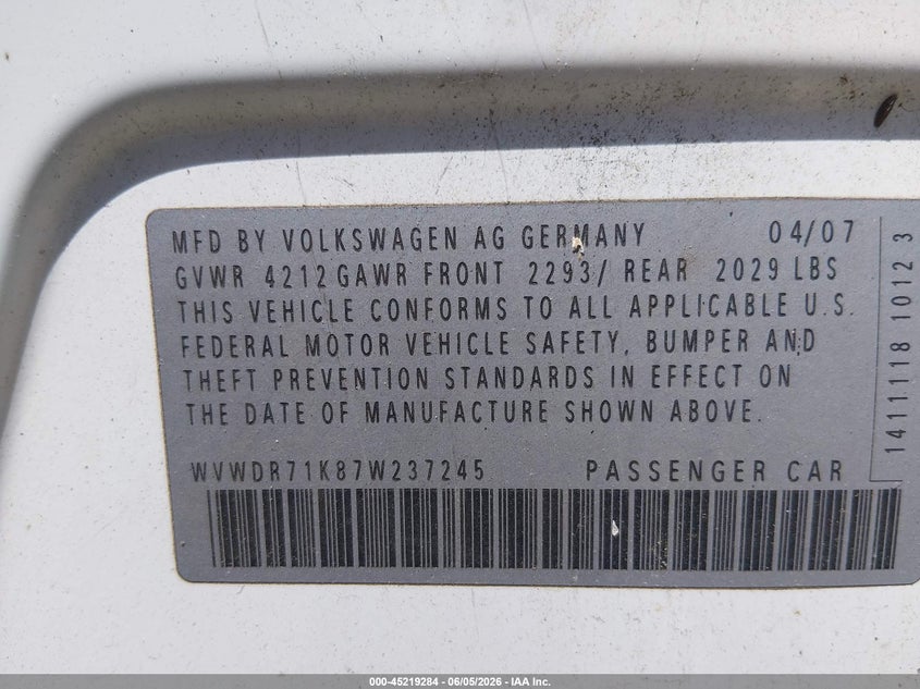 2007 Volkswagen Rabbit VIN WVWDR71K87W237245 IAAI salvage auction — FRONT END, Salvage (South Carolina), sold $300 on 2026-07-07 (photo 9)