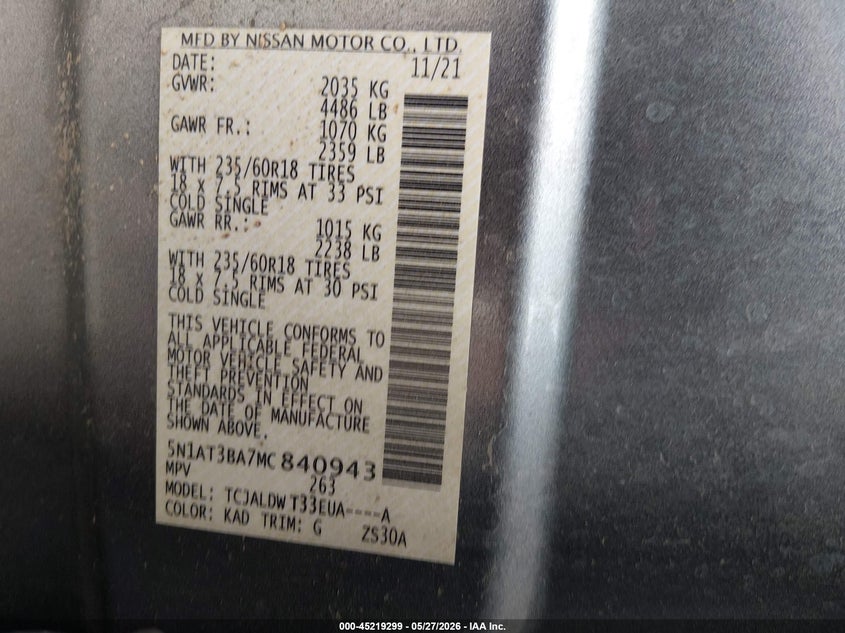 2021 Nissan Rogue VIN 5N1AT3BA7MC840943 IAAI salvage auction — HAIL, Wait Title, sold $8,450 on 2026-08-21 (photo 9)