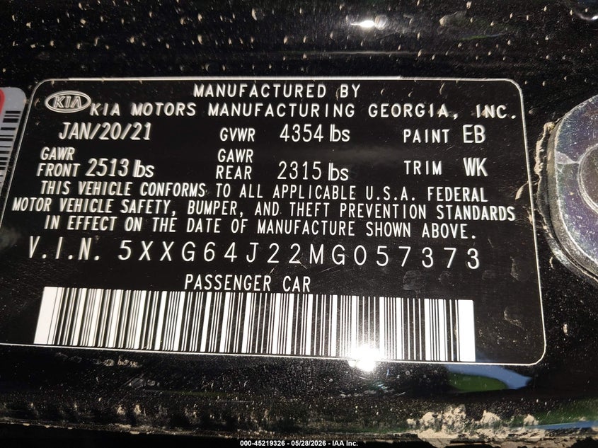 2021 Kia K5 VIN 5XXG64J22MG057373 IAAI salvage auction — ROLLOVER, Salvage Title, sold $2,475 on 2026-07-09 (photo 9)
