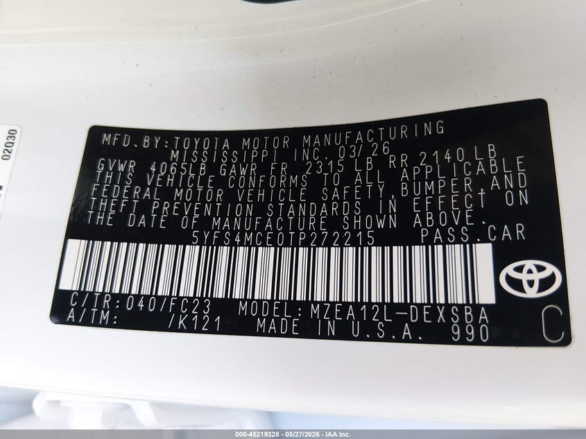 2026 Toyota Corolla VIN 5YFS4MCE0TP272215 IAAI salvage auction — FRONT END, Salvage Title, sold $5,100 on 2026-07-21 (photo 9)