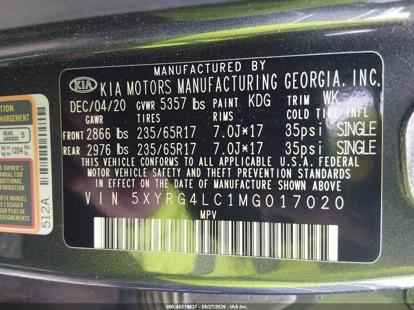 2021 Kia Sorento VIN 5XYRG4LC1MG017020 IAAI salvage auction — FRONT END, Salvage Title, sold $3,400 on 2026-07-21 (photo 9)