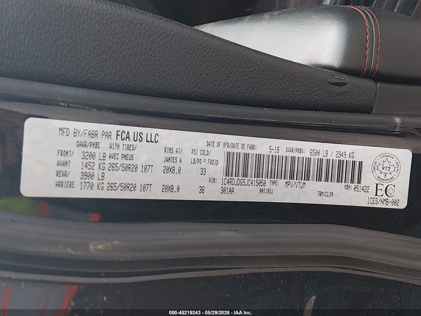 2018 Dodge Durango VIN 1C4RDJDG5JC415050 IAAI salvage auction — REAR END, Salvage Title, sold $1,100 on 2026-07-22 (photo 9)