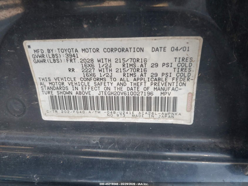 2001 Toyota Rav 4 VIN JTEGH20V610027196 IAAI salvage auction — FRONT END, Clear (Indiana), sold $25 on 2026-07-10 (photo 9)
