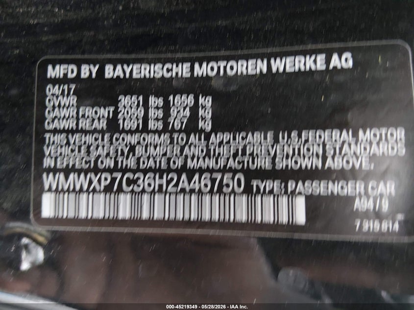 2017 Mini Hard top VIN WMWXP7C36H2A46750 IAAI salvage auction — FRONT END, Salvage Title, sold $875 on 2026-07-28 (photo 9)