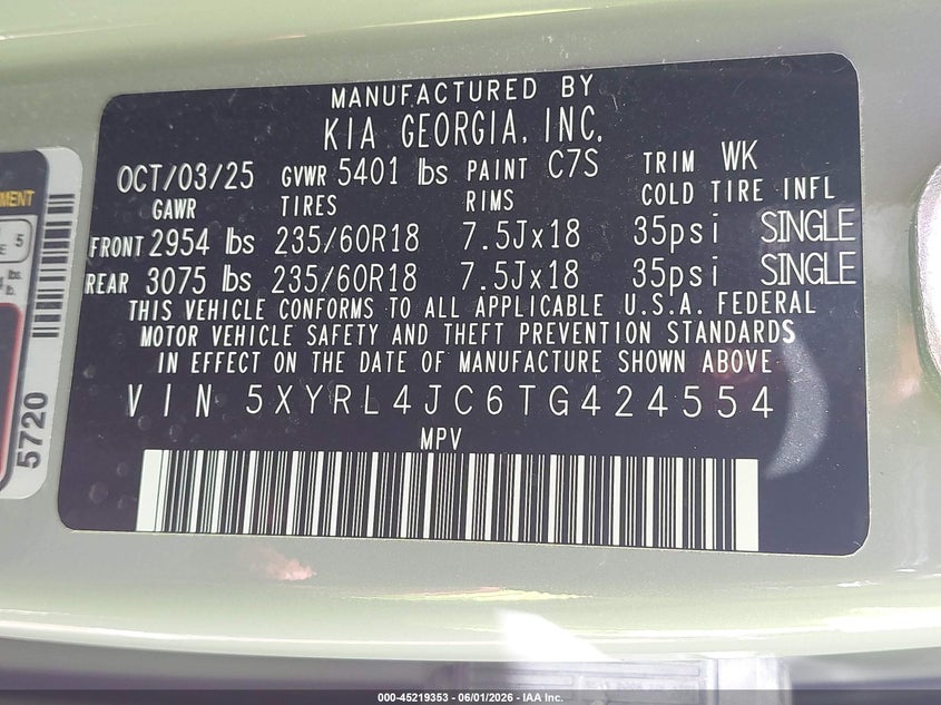 2026 Kia Sorento VIN 5XYRL4JC6TG424554 IAAI salvage auction — LEFT SIDE, Salvage Title, sold $10,100 on 2026-07-23 (photo 9)