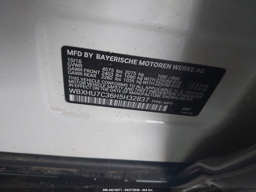 2017 BMW X1 VIN WBXHU7C36H5H32837 IAAI salvage auction — FRONT END, Salvage Title, sold $3,850 on 2026-07-21 (photo 9)